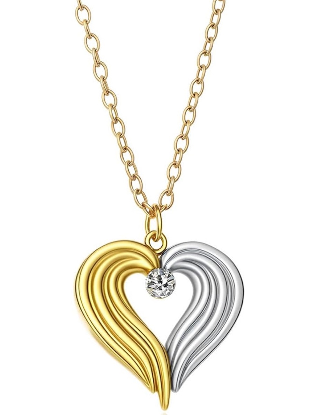 Anthropologie Two-Tone Gold and Silver Heart Pendant Necklace with Crystal